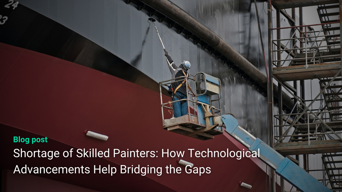 Painter on cherry-picker applying coating to a vessel with a roller.