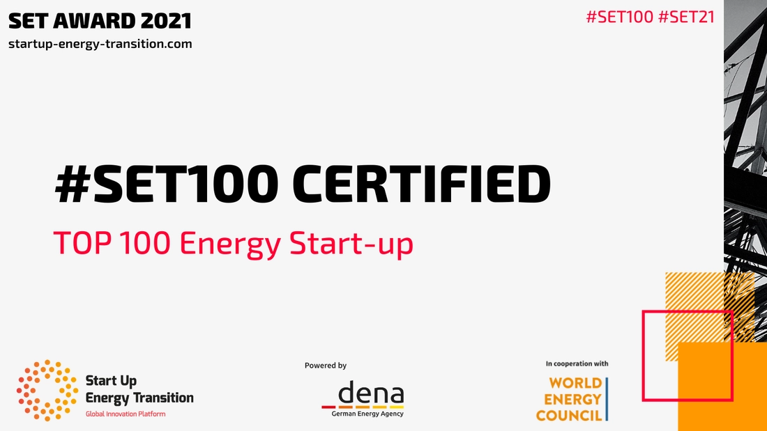 SET Award 2021 certificate, recognizing Qlayers as a Top 100 Energy Start-up. Powered by Start-Up Energy Transition and in cooperation with the World Energy Council.