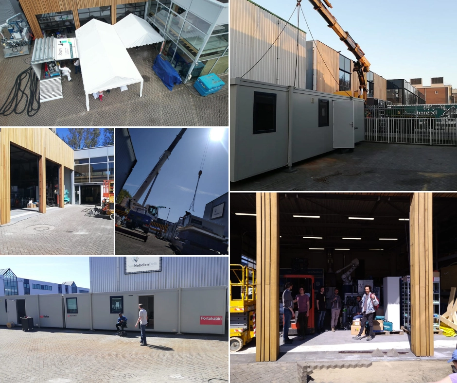 A collage of images depicting the construction and setup of Qlayers' new office space, including the installation of portable buildings, interior design, and moving activities.