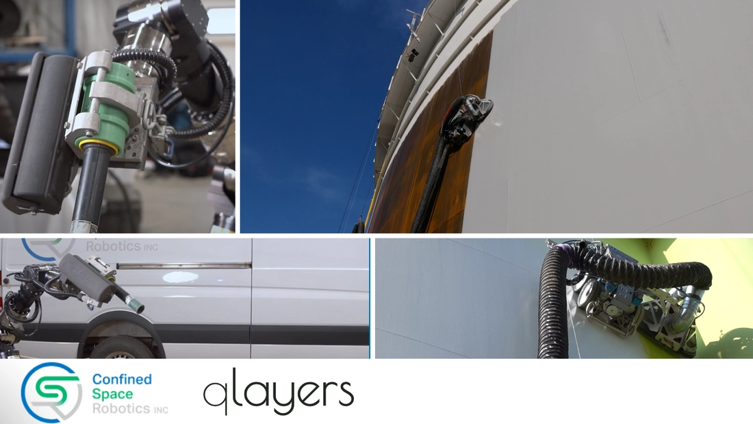 Robotic technology for tank refurbishment: Qlayers 10Q robot in operation, showcasing the benefits of automation during coating process. Partnership with Confined Space Robotics.